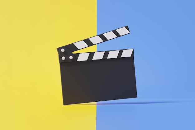 Icône de panneau de clapet de film noir flottant sur fond jaune et bleu avec concept de montage vidéo créatif dessin animé minimal bannière cinéma copie espace site web illustration de rendu 3d