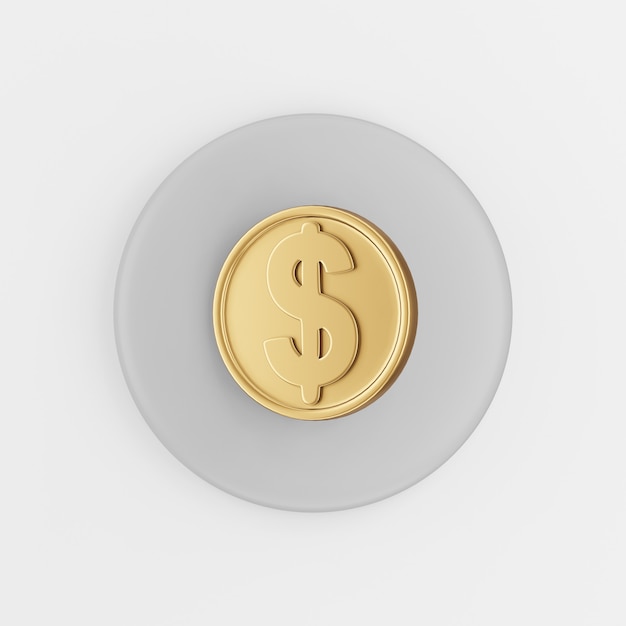 Icône de pièce d'or dollar en style cartoon. Touche de bouton rond gris de rendu 3D, élément d'interface ui ux.