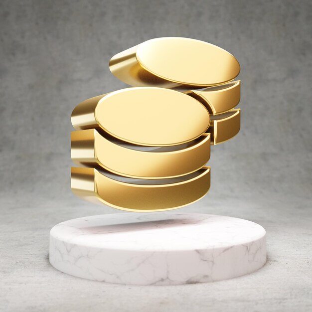 Icône de pièces de monnaie. Symbole de pièces d'or brillant sur podium en marbre blanc. Icône moderne pour site Web, médias sociaux, présentation, élément de modèle de conception. rendu 3D.