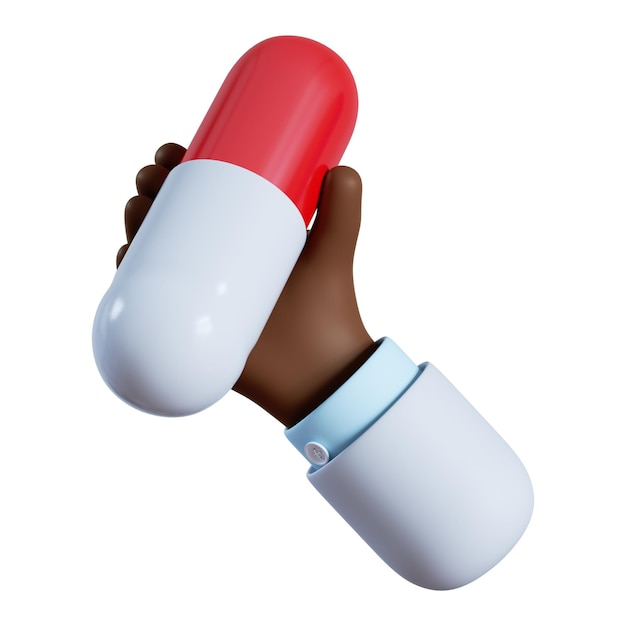 Icône de pilule blanche rouge Docteur ou pharmacien de dessin animé africain tenant en main un médicament ou un supplément