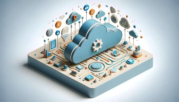 Icône plate 3D comme Cloud Tech Horizon Une ligne d'horizon avec des symboles de technologie du nuage suggérant une large portée o