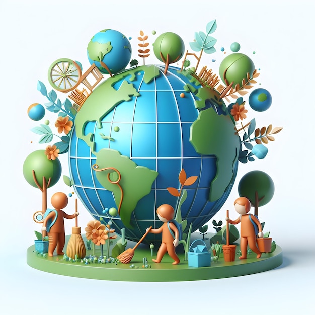 Photo icône plate 3d pour les entreprises en tant qu'enfants plantant des arbres autour d'une sculpture de globe dans zero carbon avec gl
