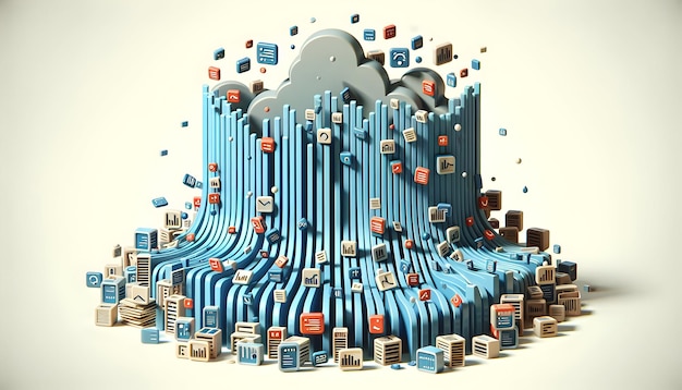 Icône plate 3D sous forme de déluge de données Un déluge de symboles de données représentant le flux écrasant de données numériques