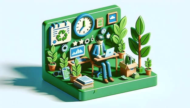 Icône plate 3D en tant que bureau vert Promotion de pratiques de bureau respectueuses de l'environnement dans les entreprises Concept de vie de bureau