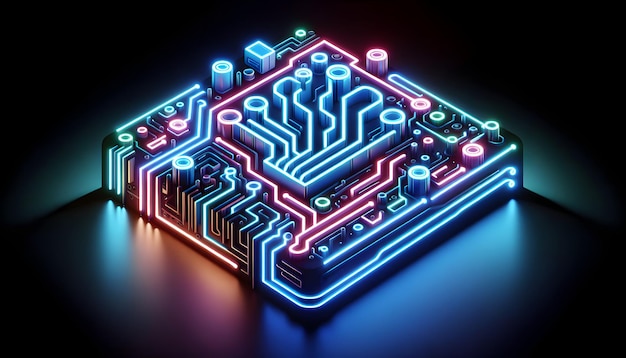 Icône plate 3D en tant que circuit de néon Les lignes de néon imitent les chemins de circuit représentant le flux d'informations numériques