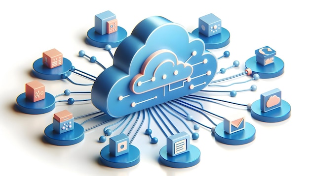 Icône plate 3D en tant que connectivité au nuage Une icône de nuage élégante se connecte à divers nœuds numériques dans Digital