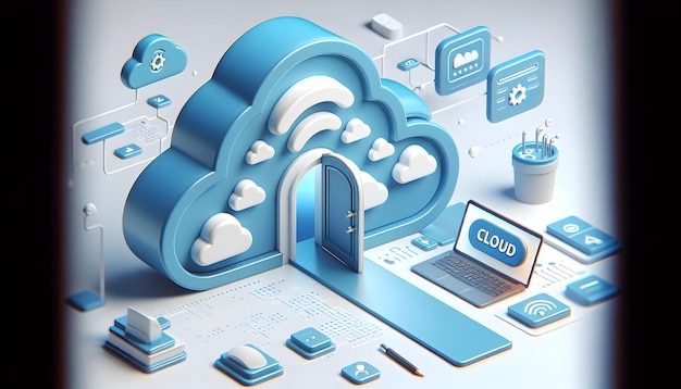 Icône plate 3D en tant que passerelle de nuage Une passerelle s'ouvre à un nuage illustrant l'accès aux services de nuage en D