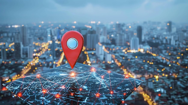 Une icône de pointeur de carte rouge sur une carte de la ville avec un fond flou d'un paysage urbain bien éclairé la nuit