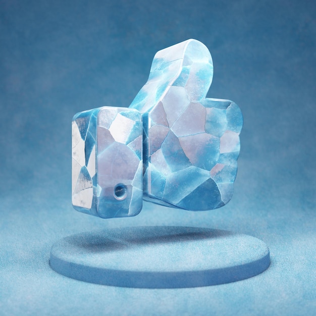 Icône de pouce levé. Symbole du pouce vers le haut de la glace bleue fissurée sur le podium de la neige bleue. Icône de médias sociaux pour site Web, présentation, élément de modèle de conception. rendu 3D.