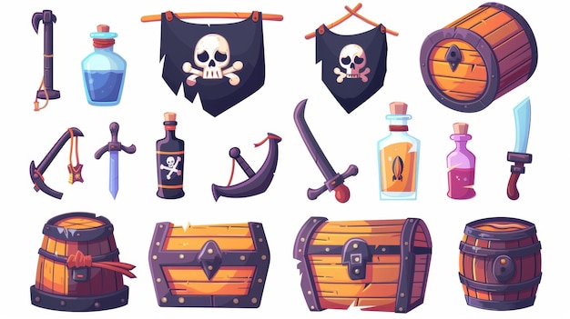 Photo icône pour jeux de pirates dessin animé ensemble moderne de coffre en bois et drapeau noir avec arme crâne et crochet métallique bouteille avec rhum et baril illustrations isolées pour les interfaces