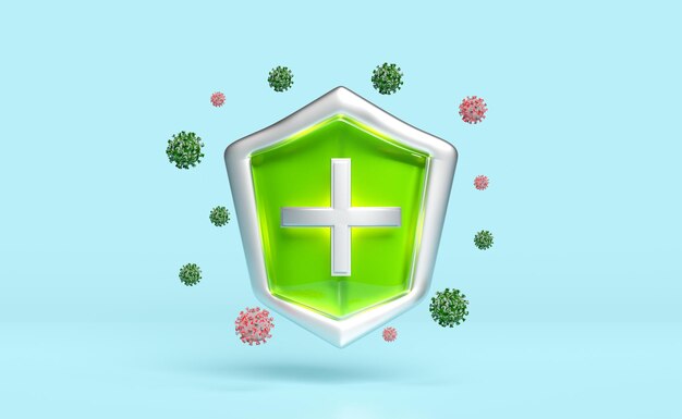 Icône de protection contre les bactéries 3D pour la protection de la santé bouclier vert avec croix défense antimicrobienne assurance maladie symbole de bouclier métallique protégé par la santé isolé sur fond bleu rendu 3D