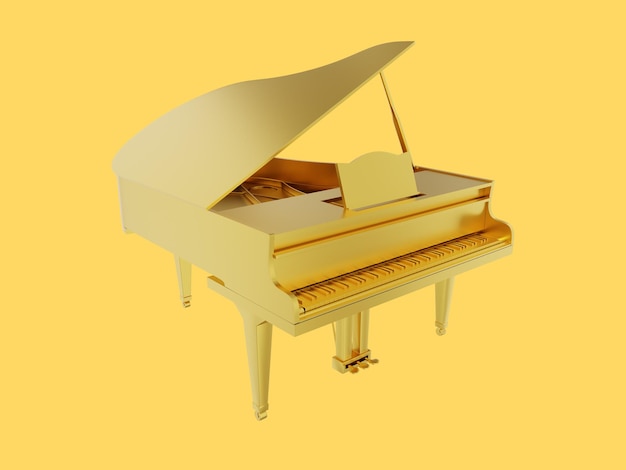 Icône de rendu 3d d'instrument de musique en métal doré de piano à queue sur fond jaune