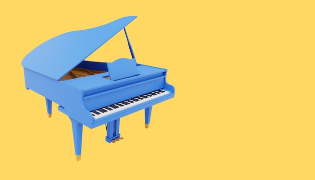 Icône de rendu 3d d'instrument de musique de piano à queue bleu sur l'espace de fond jaune pour le texte