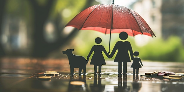 Photo icône représentant un bouclier et un modèle de famille sous un parapluie symbolisant la couverture médicale de sécurité et la protection de la famille par les soins à domicile et l'assurance automobile