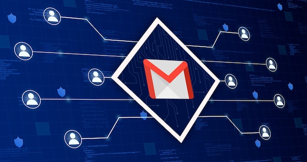 Icône de réseau social Gmail reliant le système à d'autres utilisateurs sur un fond technologique avec des éléments de code 3d