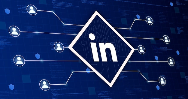 Icône de réseau social Linkedin reliant le système à d'autres utilisateurs sur un fond technologique avec des éléments de code 3d