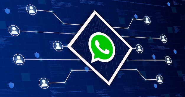 Icône de réseau social Whatsapp reliant le système à d'autres utilisateurs sur un fond technologique avec des éléments de code 3d