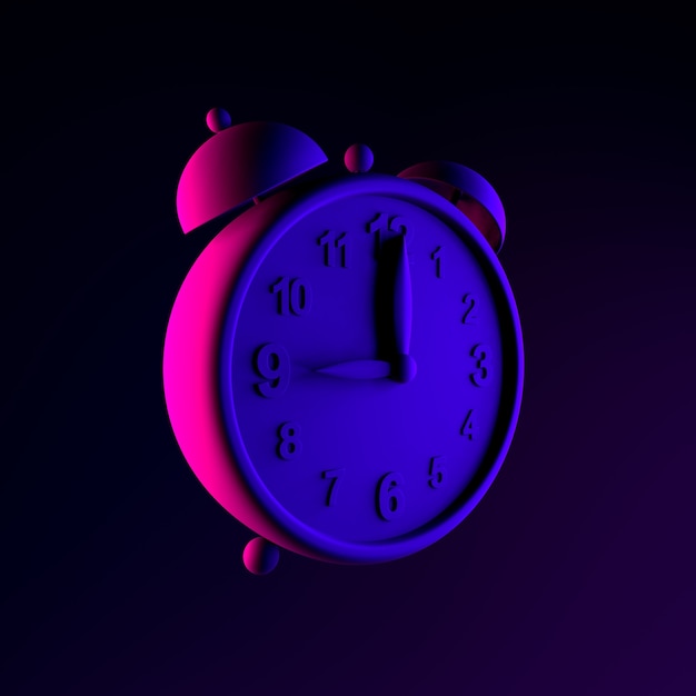 Icône de réveil vintage néon. Élément d'interface ui ux de rendu 3D. Symbole lumineux sombre.