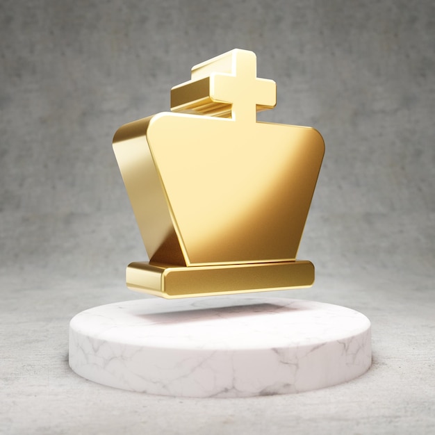 Icône de roi d'échecs. Symbole doré brillant du roi des échecs sur le podium en marbre blanc. Icône moderne pour site Web, médias sociaux, présentation, élément de modèle de conception. rendu 3D.