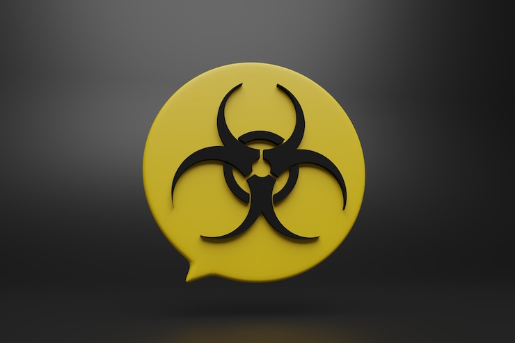Photo icône ronde 3d jaune élégant biohazard sur fond noir. rendu discret