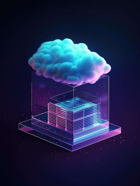Une icône de serveur cloud avec vue isométrique en verre translucide