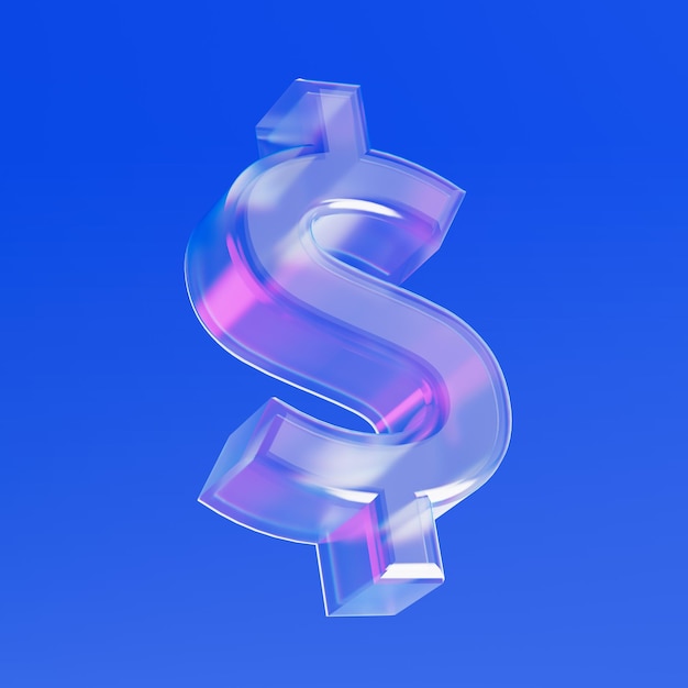 Icône de signe de dollar en verre transparent avec des reflets irisants Rendering 3D