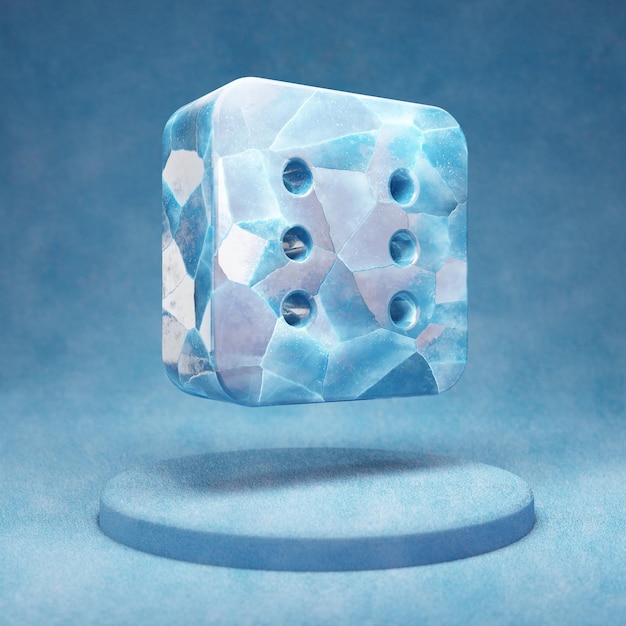 Icône de six dés. Symbole de Ice Dice Six bleu craquelé sur le podium de la neige bleue. Icône de médias sociaux pour site Web, présentation, élément de modèle de conception. rendu 3D.