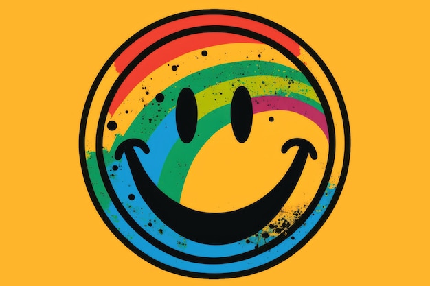 Photo icône smiley multicolore rétro sur fond jaune créée à l'aide de la technologie générative ai