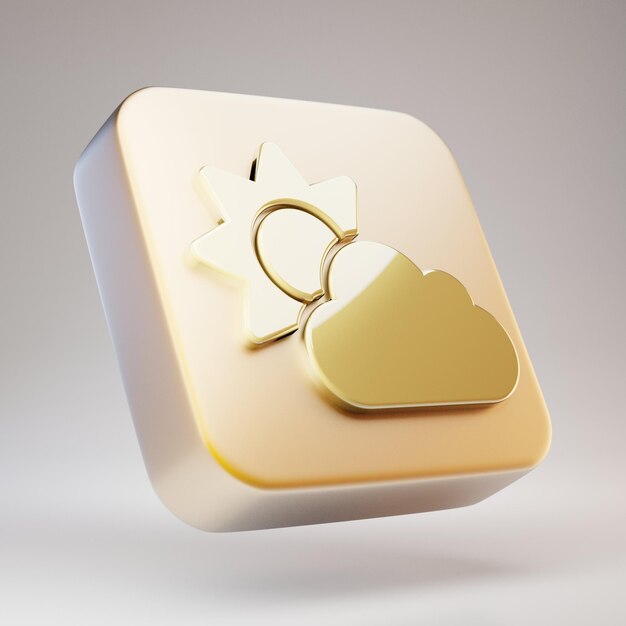 Icône de soleil de nuage. Symbole Golden Cloud Sun sur plaque en or mat. Icône de médias sociaux en rendu 3D.