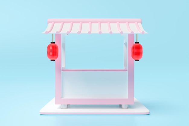 Icône de stand de style chinois 3D ou façade de magasin de détail vide avec auvent de toit isolé sur fond bleu concept d'entreprise de franchise de démarrage 3D render illustration chemin de coupe