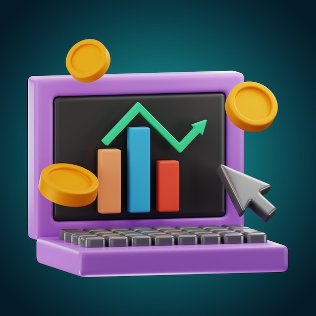 Icône de statistique d'ordinateur de marketing numérique premium rendu 3d sur fond isolé