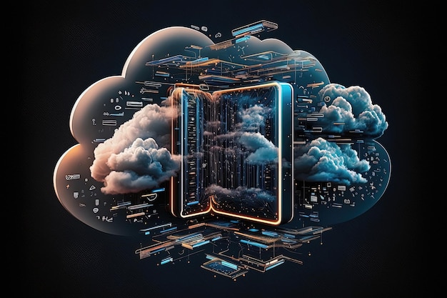 Cette icône de stockage en nuage présente un nuage avec une flèche de téléchargement indiquant que les fichiers peuvent être téléchargés. Généré par AI