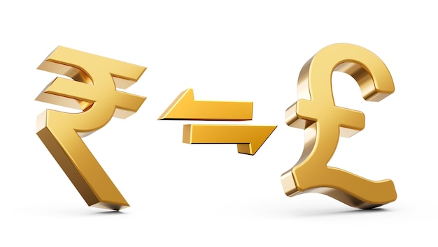 Icône de symbole de roupie et de livre d'or 3d avec des flèches d'échange d'argent sur l'illustration 3d de fond blanc