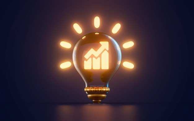 Icône de tableau financier d'entreprise brillant à l'intérieur de l'ampoule sur fond sombre concept de rendu 3d