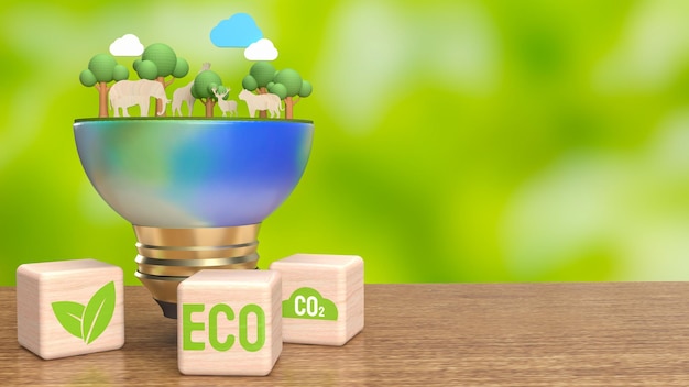 L'icône de la terre et de l'éco sur le cube de bois pour le concept d'écologie 3D