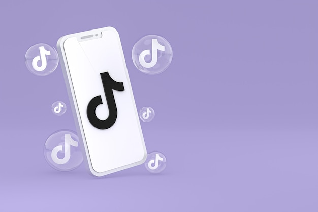 Icône Tiktok sur écran smartphone ou téléphone mobile rendu 3d sur fond violet