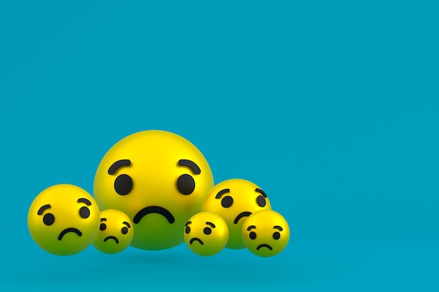 Icône triste Facebook réactions emoji rendu 3d, symbole de ballon de médias sociaux sur fond bleu