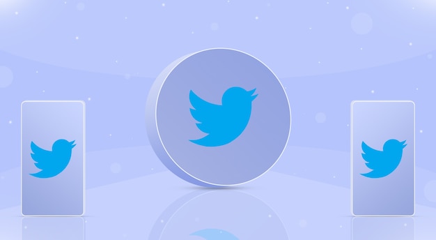 Icône twitter bouton rond avec deux téléphones avec logo twitter sur les écrans 3d