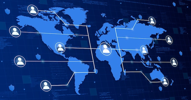 Icône d'un utilisateur sur le système de connexion de carte du monde avec d'autres personnes sur fond de technologie 3d