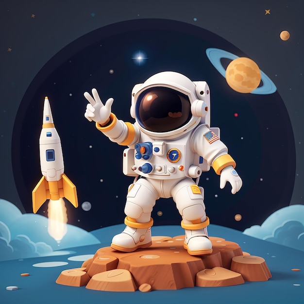 Photo l'icône vectorielle de l'astronaute mignon paix sur la lune avec une fusée illustration science technologie icon concept isolé premium stvector cartoon plat yle