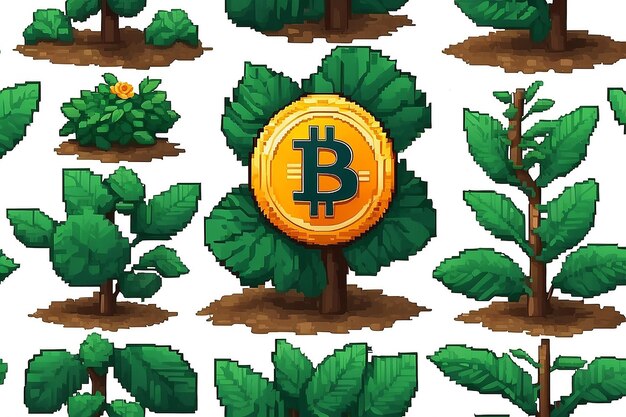 Icône vectorielle de croissance de l'usine de pixel art bitcoin pour le jeu 8bit sur fond blanc