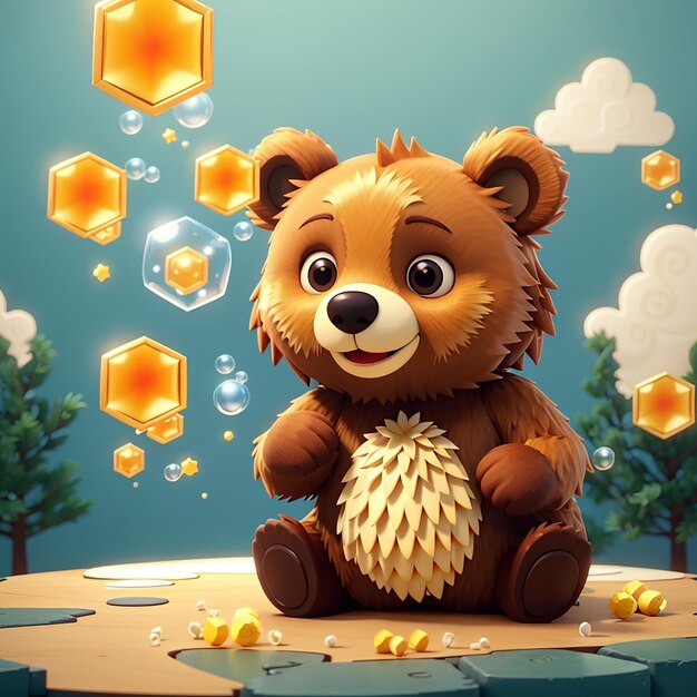 Icône vectorielle de dessin animé de l'ours mignon soufflant de la bulle de nid d'abeille Illustration Icône de la nature animale isolée