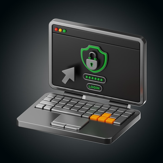 Icône de verrouillage de sécurité de la page Web de l'ordinateur portable Premium Privacy rendu 3d sur fond isolé