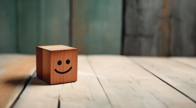 Icône de visage souriant sur un cube en bois pour l'évaluation du service client niveau de satisfaction client et concept d'enquête de satisfaction