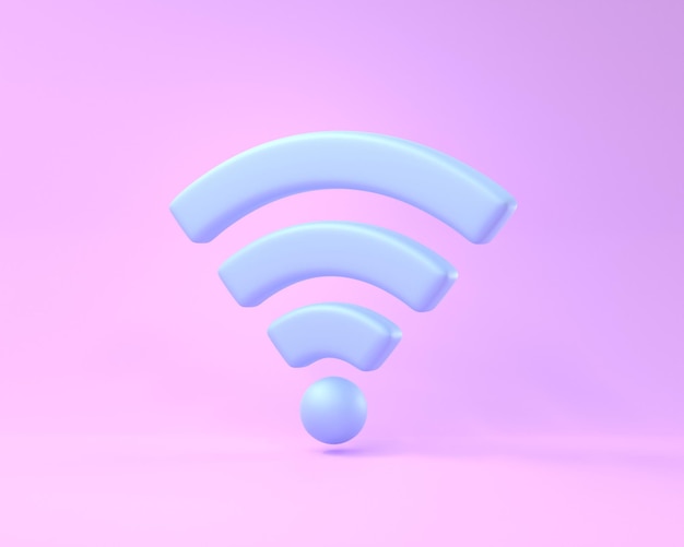 Icône Wifi avec antennes bleues Symbole de technologie LAN sans fil isolé sur fond rose pastel Hotspot de conception minimale pour la connexion réseau et l'accès à Internet Illustration de rendu 3d réaliste