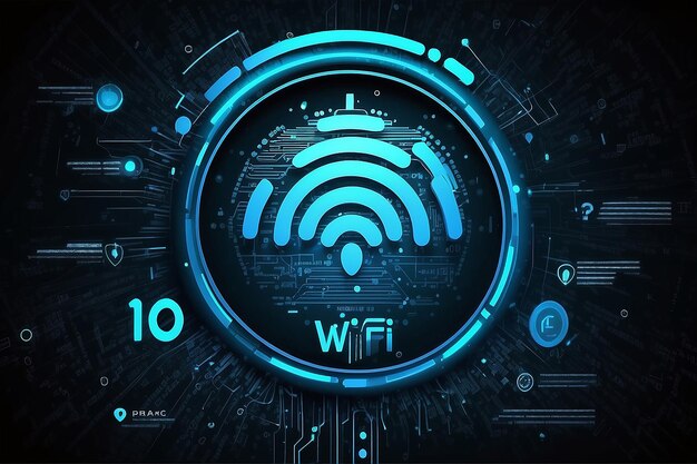 Icône wifi cyborg avec des statistiques et un code binaire fond technologique futuriste