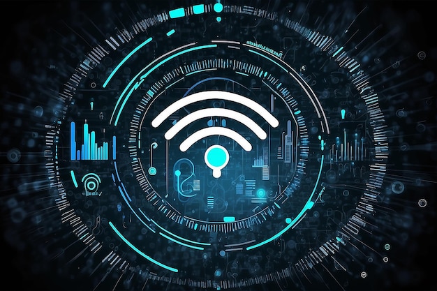 Icône wifi cyborg avec des statistiques et un code binaire fond technologique futuriste