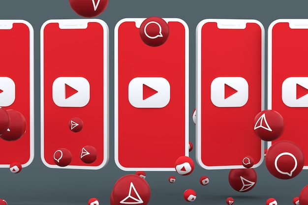 Photo icône youtube sur écran smartphone ou mobile et appel de réactions youtube avec fond isolé