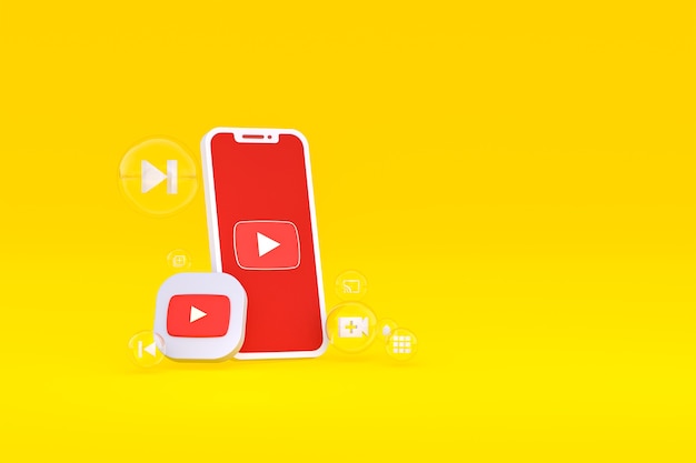 Icône Youtube sur écran smartphone ou téléphone mobile rendu 3d sur fond jaune