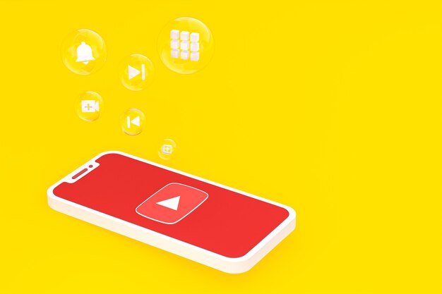 Icône Youtube sur écran smartphone ou téléphone mobile rendu 3d sur fond jaune